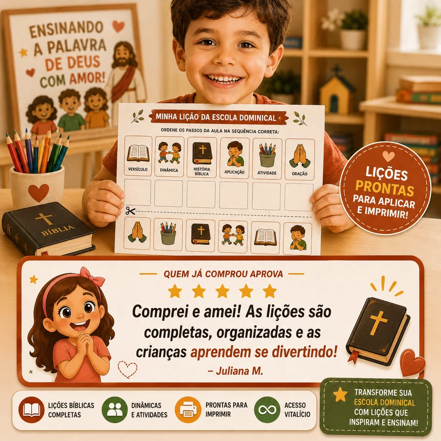Criança feliz mostrando lição da Escola Dominical com depoimento